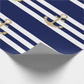 Nautical Navy Blue White Stripes Gold Anchor Cadeaupapier (Hoek)