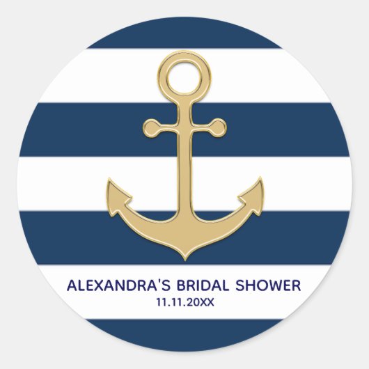 Nautical Navy Blue White Stripes Gold Anchor Ronde Sticker (Voorkant)