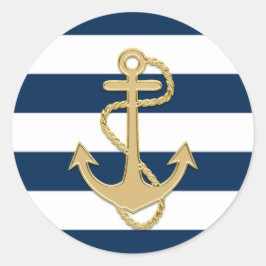 Nautical Navy Blue White Stripes Gold Anchor Ronde Sticker