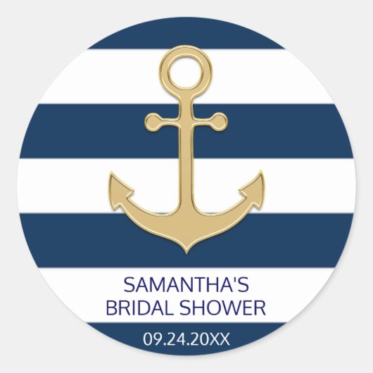 Nautical Navy Blue White Stripes Gold Anchor Ronde Sticker (Voorkant)