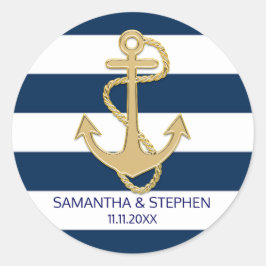 Nautical Navy Blue White Stripes Gold Anchor Ronde Sticker