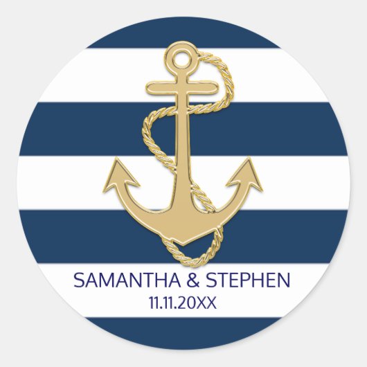 Nautical Navy Blue White Stripes Gold Anchor Ronde Sticker (Voorkant)