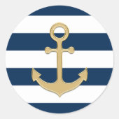Nautical Navy Blue White Stripes Gold Anchor Ronde Sticker (Voorkant)