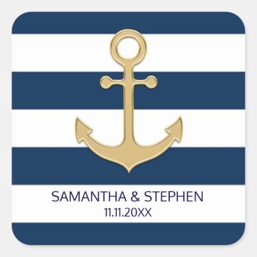 Nautical Navy Blue White Stripes Gold Anchor Vierkante Sticker (Voorkant)