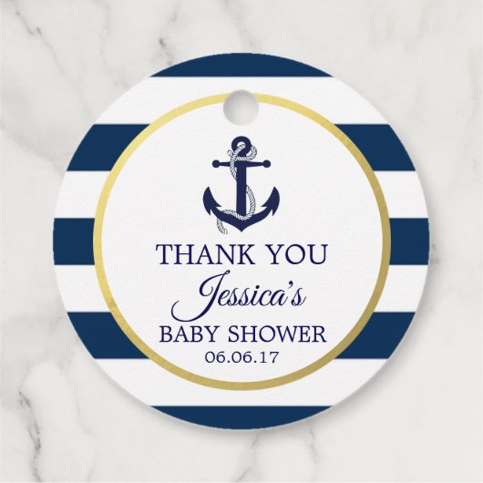 Nautical Navy Blue White Stripes Gold Baby shower Bedankjes Labels (Achterkant)