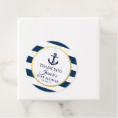 Nautical Navy Blue White Stripes Gold Baby shower Bedankjes Labels (In situ)
