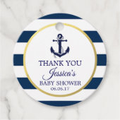 Nautical Navy Blue White Stripes Gold Baby shower Bedankjes Labels (Voorkant)