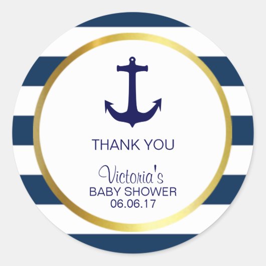 Nautical Navy Blue White Stripes Gold Baby shower Ronde Sticker (Voorkant)