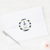 Nautical Navy Blue White Stripes Gold Baby shower Ronde Sticker (Envelop)