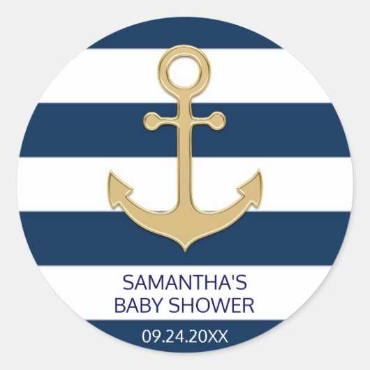 Nautical Navy Blue White Stripes Gold Baby shower Ronde Sticker (Voorkant)