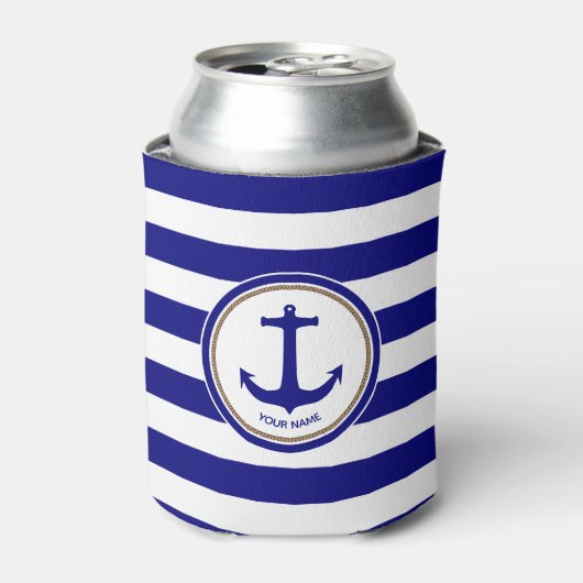 Nautical Navy Blue White Stripes met Anchor Blikjeskoeler (Blikje Voorkant)