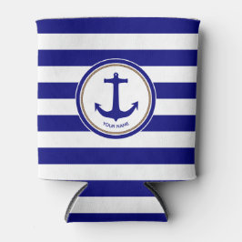 Nautical Navy Blue White Stripes met Anchor Blikjeskoeler