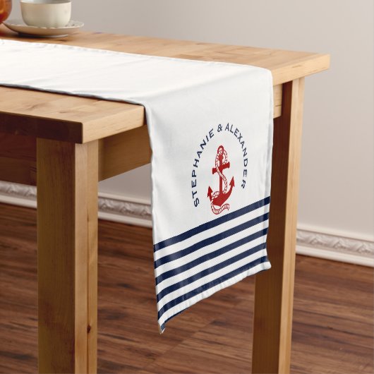 Nautical Navy Blue White Stripes & Red Anchors Korte Tafelloper (Voorbeeld)
