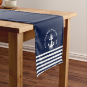 Nautical Navy Blue White Stripes & White Anchors Korte Tafelloper (Voorbeeld)