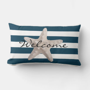 Nautical Navy Blue White Stripes Zeester Welkom Kussen