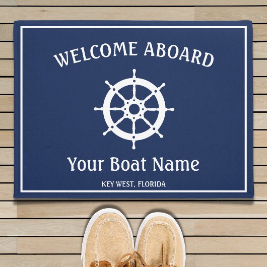 Nautical Navy Blue White Welcome Aboard Boat Helm Deurmat