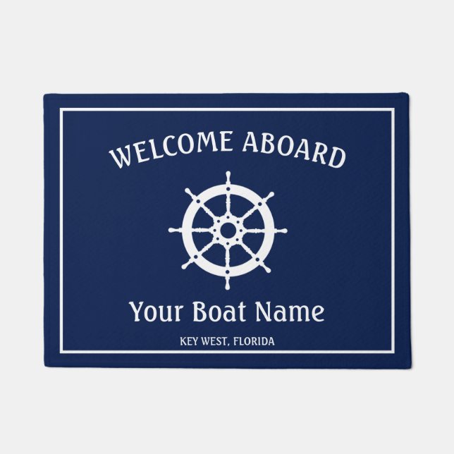 Nautical Navy Blue White Welcome Aboard Boat Helm Deurmat (Voorkant)