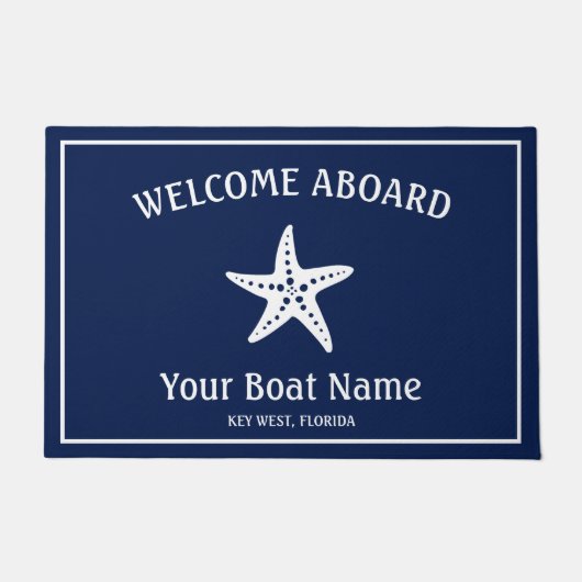 Nautical Navy Blue White Welcome Aboard Starfish Deurmat (Voorkant)
