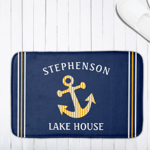 Nautical Navy Blue White Yellow Custom Family Lake Badmat