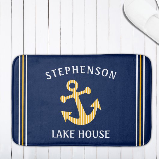 Nautical Navy Blue White Yellow Custom Family Lake Badmat