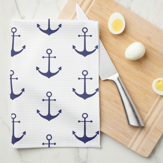Nautical Navy Blue wit ankerpatroon Theedoek (Quarter Fold)