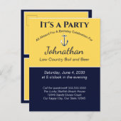 Nautical Navy Blue Yellow Anchor Birthday Party Briefkaart (Voorkant / Achterkant)