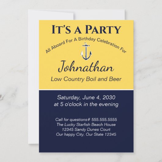 Nautical Navy Blue Yellow Anchor Birthday Party Kaart (Voorkant)