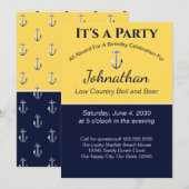 Nautical Navy Blue Yellow Anchor Birthday Party Kaart (Voorkant / Achterkant)