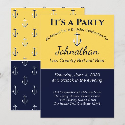 Nautical Navy Blue Yellow Anchor Birthday Party Kaart (Voorkant / Achterkant)