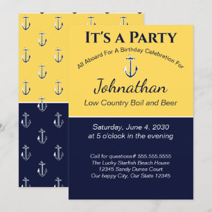 Nautical Navy Blue Yellow Anchor Birthday Party Kaart