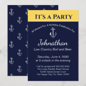 Nautical Navy Blue Yellow Anchor Birthday Party Kaart (Voorkant / Achterkant)