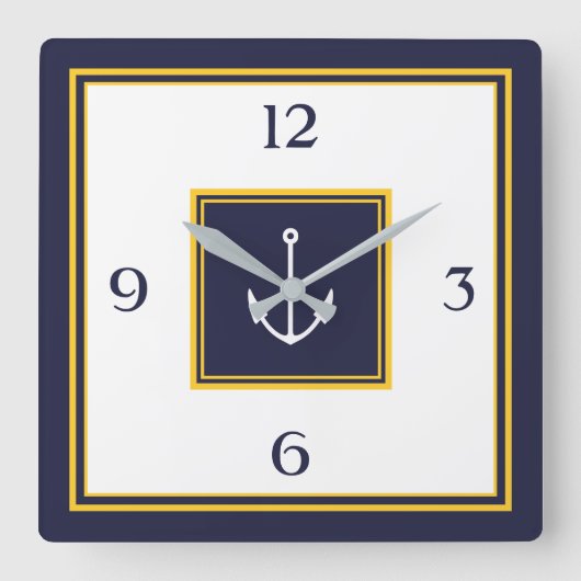 Nautical Navy Blue Yellow Anchor Square Wall klok (Voorkant)