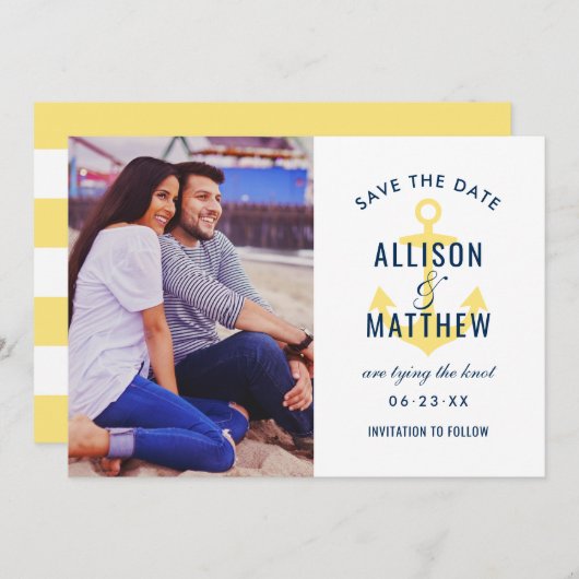 Nautical Navy Blue Yellow Anchor Weddenfoto Save The Date (Voorkant / Achterkant)