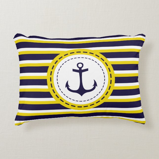 Nautical Navy Blue Yellow Stripes Anchor Design Accent Kussen (Voorkant)