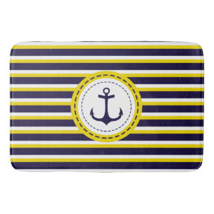 Nautical Navy Blue Yellow Stripes Anchor Design Badmat
