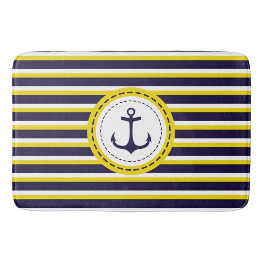 Nautical Navy Blue Yellow Stripes Anchor Design Badmat (Voorkant)