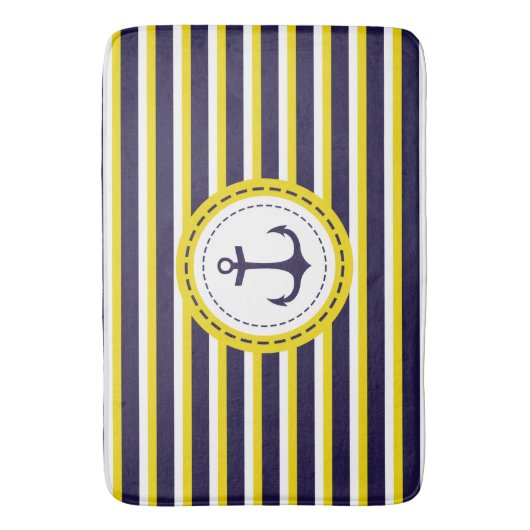 Nautical Navy Blue Yellow Stripes Anchor Design Badmat (Voorkant Verticaal)
