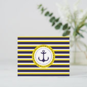 Nautical Navy Blue Yellow Stripes Anchor Design Briefkaart (Staand voorkant)