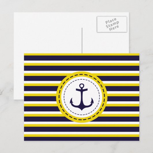 Nautical Navy Blue Yellow Stripes Anchor Design Briefkaart (Voorkant / Achterkant)