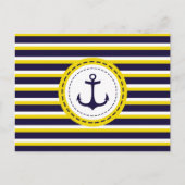 Nautical Navy Blue Yellow Stripes Anchor Design Briefkaart (Voorkant)