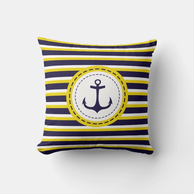 Nautical Navy Blue Yellow Stripes Anchor Design Kussen (Voorkant)