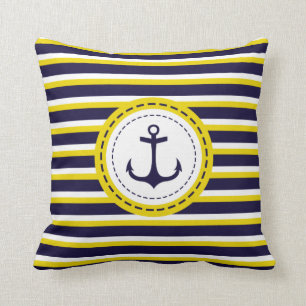 Nautical Navy Blue Yellow Stripes Anchor Design Kussen