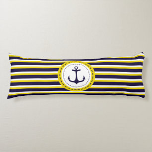 Nautical Navy Blue Yellow Stripes Anchor Design Lichaamskussen