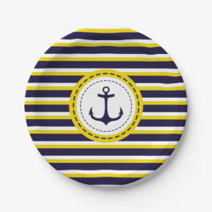 Nautical Navy Blue Yellow Stripes Anchor Design Papieren Bordje