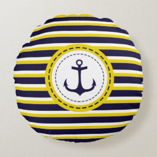 Nautical Navy Blue Yellow Stripes Anchor Design Rond Kussen