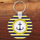 Nautical Navy Blue Yellow Stripes Anchor Design Sleutelhanger (Voorkant)