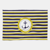 Nautical Navy Blue Yellow Stripes Anchor Design Theedoek (Horizontaal)