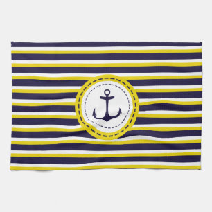 Nautical Navy Blue Yellow Stripes Anchor Design Theedoek