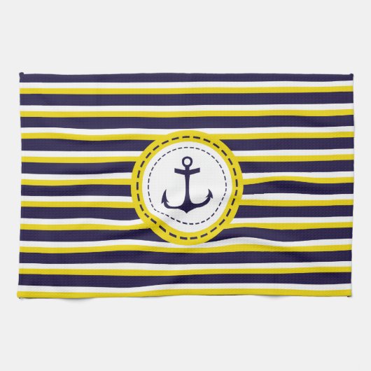 Nautical Navy Blue Yellow Stripes Anchor Design Theedoek (Horizontaal)