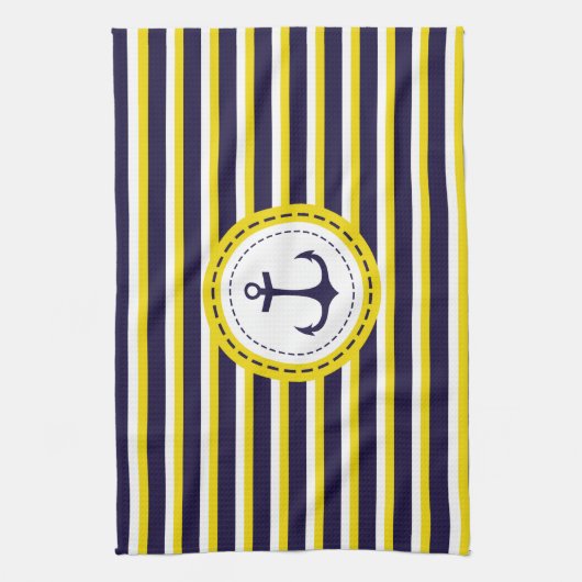 Nautical Navy Blue Yellow Stripes Anchor Design Theedoek (Verticaal)